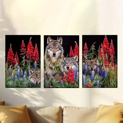 3pcs Vivid Wolves in Flower Field Triptych Wall Art Set Canvas Framed 40x60cm - High Quality Print 100% Australian Made Wall Canvas Ready to Hang