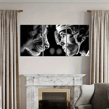 3pcs Black And White Lion & Hockey Player  Wall Art Set Canvas Framed 50x70cm - High Quality Print 100% Australian Made Wall Canvas Ready to Hang - Bella Home Decor
