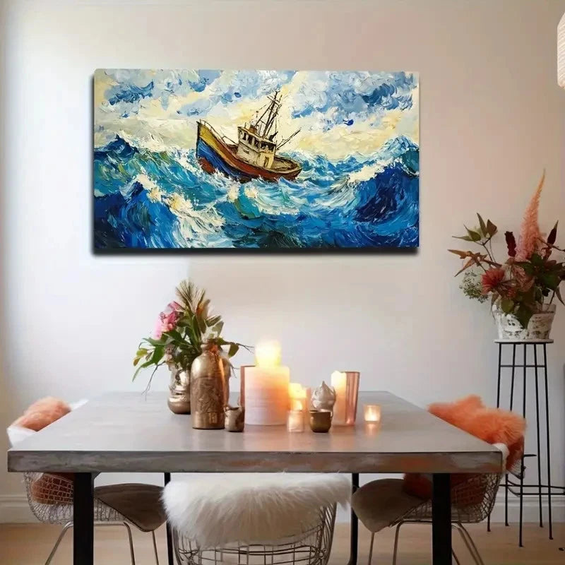 Dramatic Stormy Sea Ship Wall Art Canvas Office Home Room Framed 120x60cm