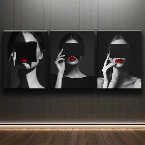3pcs Modern Black and White Woman with Red Wall Art Set Canvas Unframed - High Quality Print 100% Australian Made Wall Canvas
