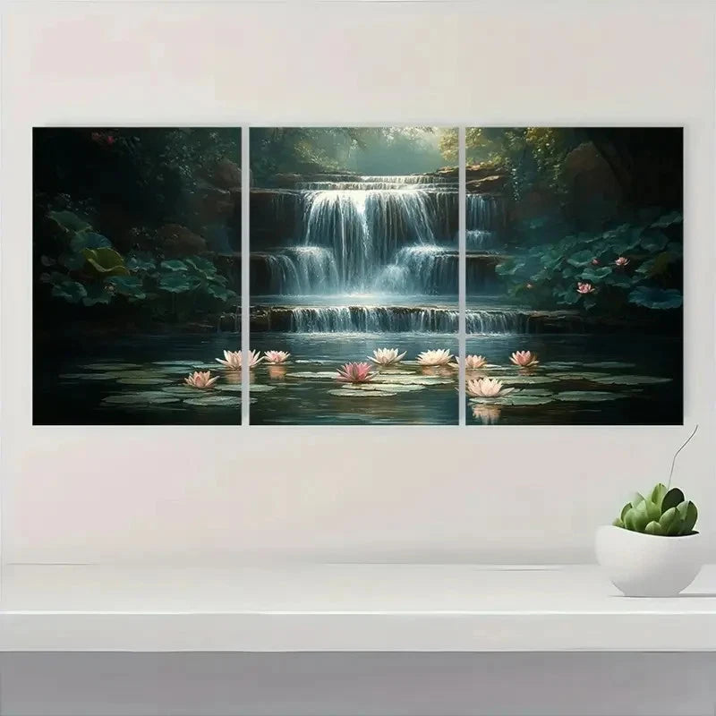 3pcs Nature Scene with Lily Pads  Waterfall  NS     Wall Art Set Canvas Framed 60x90cm - High Quality Print 100% Australian Made Wall Canvas Ready to Hang