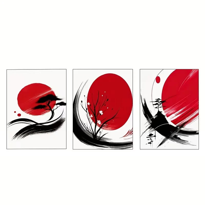 3pcs Three Sets of Japanese Ink Painting Red  Wall Art Set Canvas Framed 40x60cm - High Quality Print 100% Australian Made Wall Canvas Ready to Hang - Bella Home Decor