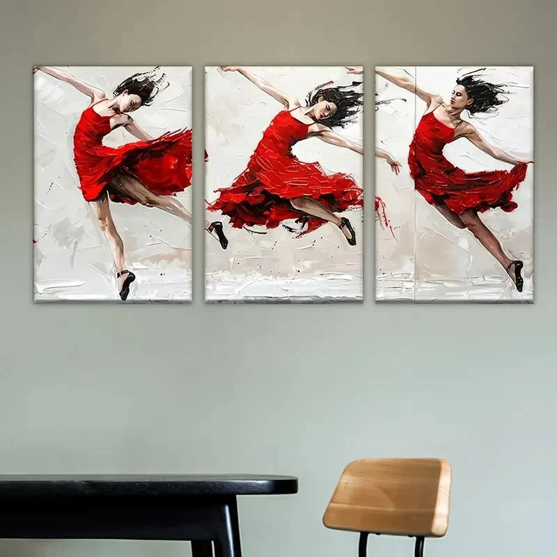 3pcs Vibrant Abstract Depiction of a Red Dancer Wall Art Set Canvas Framed 50x70cm - High Quality Print 100% Australian Made Wall Canvas Ready to Hang - Bella Home Decor