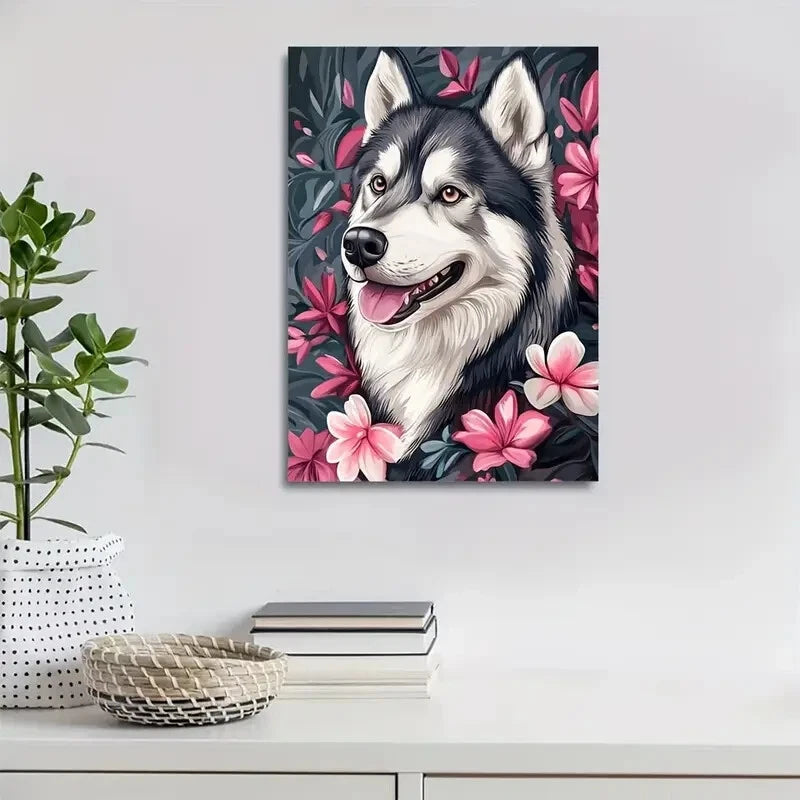Adorable Alaskan Malamute with Vibrant Flower Painting 40x60cm Metal Print Ready to Hang - Bella Home Decor