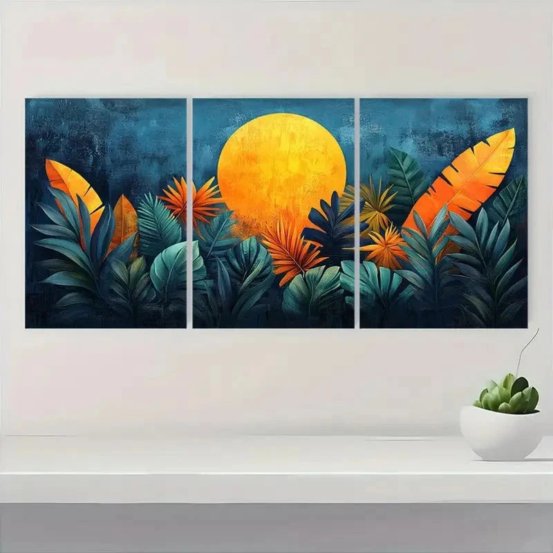 3pcs Vibrant Tropical Leaf & Sunset VT Wall Art Set Canvas Framed 50x70cm - High Quality Print 100% Australian Made Wall Canvas Ready to Hang