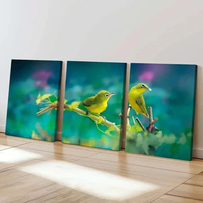 3pcs Vibrant Green Birds on Branch Wall Art Set Canvas Framed 60x90cm - High Quality Print 100% Australian Made Wall Canvas Ready to Hang