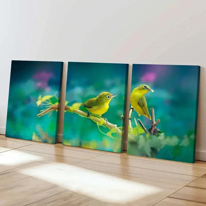 3pcs Vibrant Green Birds on Branch Wall Art Set Canvas Framed 60x90cm - High Quality Print 100% Australian Made Wall Canvas Ready to Hang