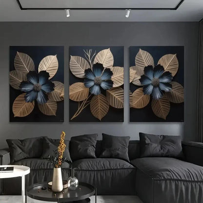 3pcs Golden Leaves, Black Flowers     Wall Art Set Canvas Framed 60x90cm - High Quality Print 100% Australian Made Wall Canvas Ready to Hang - Bella Home Decor