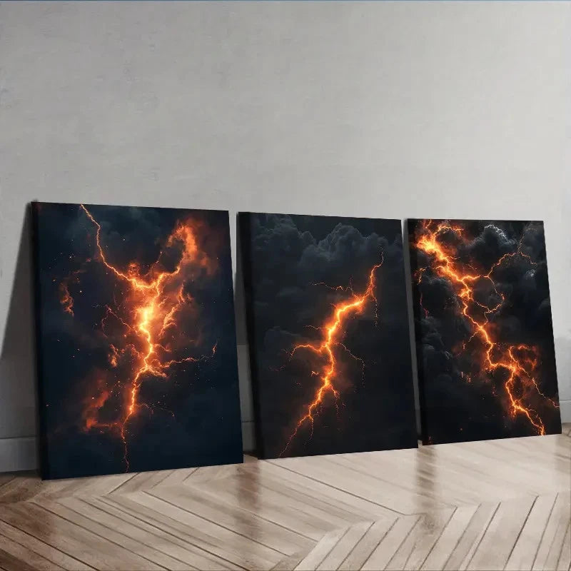 3pcs Featuring Lightning Wall Art Set Canvas Framed 50x70cm - High Quality Print 100% Australian Made Wall Canvas Ready to Hang