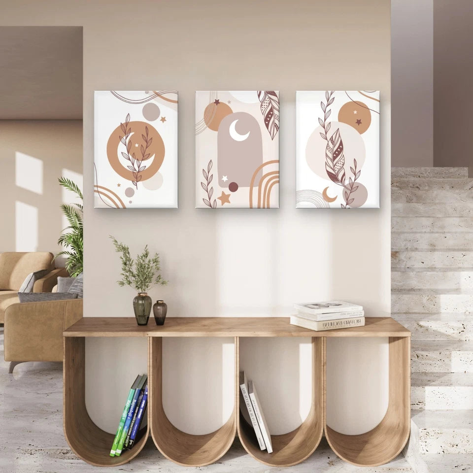 3pcs Modern Boho Neutral Abstract Beige Wall Art Set Canvas Framed 50x70cm - High Quality Print 100% Australian Made Wall Canvas Ready to Hang