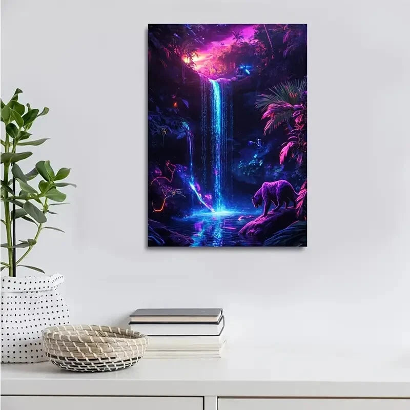Neon Glow Waterfall Scene Panther Painting 40x60cm Metal Print Ready to Hang - Bella Home Decor