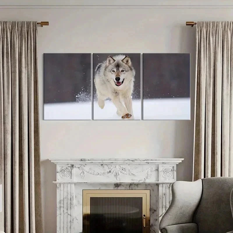 3pcs Wolf Running On The Snow Painting Wall Art Set Canvas Framed 50x70cm - High Quality Print 100% Australian Made Wall Canvas Ready to Hang