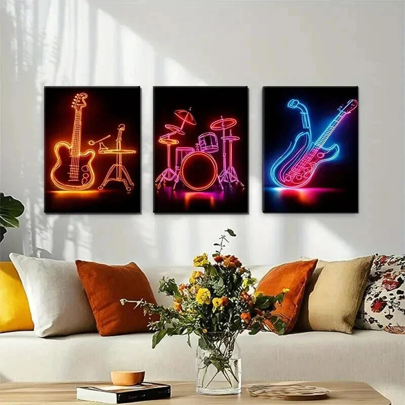 3pcs Neon Music Vibrant Musical Décor Perfect Wall Art Set Canvas Framed 60x90cm - High Quality Print 100% Australian Made Wall Canvas Ready to Hang - Bella Home Decor
