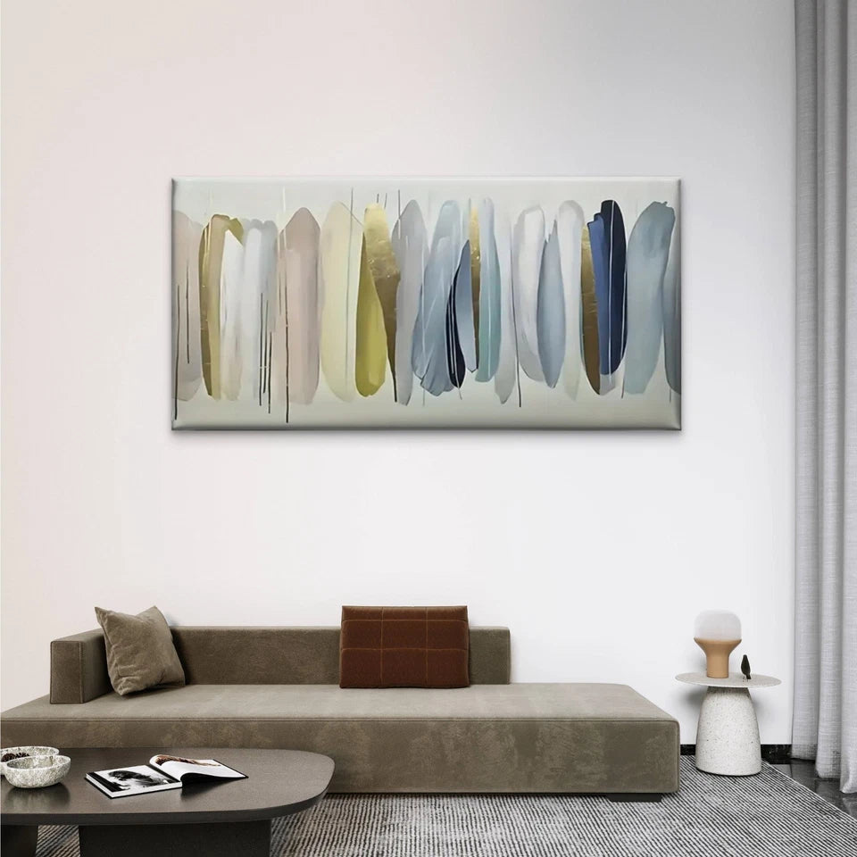 Golden Leaf Blue Feather Design Wall Art Canvas Office Home Room Framed 120x60cm