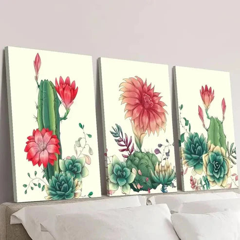 3pcs Cactus with Red Flowers Painting Wall Art Canvas Unframed – High Quality Print 100% Australian Made Wall Canvas - Bella Home Decor