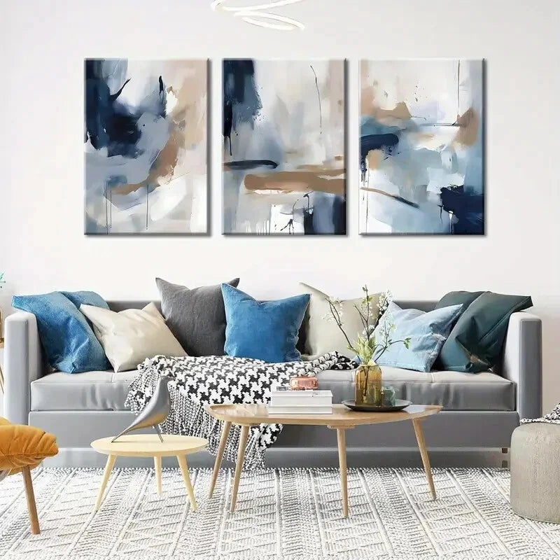 3pcs Navy Blue & Brown Abstract Modern Perfect Wall Art Set Canvas Framed 50x70cm - High Quality Print 100% Australian Made Wall Canvas Ready to Hang - Bella Home Decor