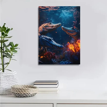 Crocodile Playing Together Underwater in a Coral Reef 40x60cm Metal Print Ready to Hang