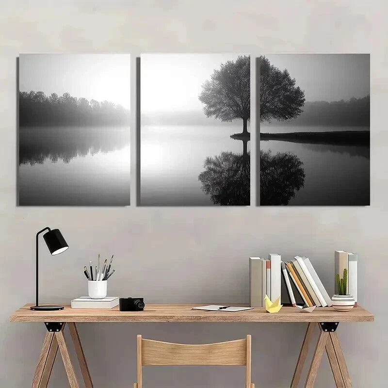 3pcs Black And White Tree Silhouette & Lake Wall Art Set Canvas Framed 40x60cm - High Quality Print 100% Australian Made Wall Canvas Ready to Hang - Bella Home Decor