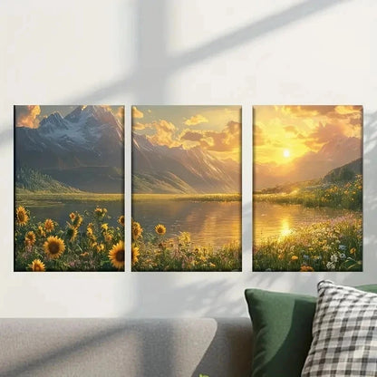 3pcs Stunning Sunset Above a Mountain Lake Wall Art Set Canvas Framed 50x70cm - High Quality Print 100% Australian Made Wall Canvas Ready to Hang