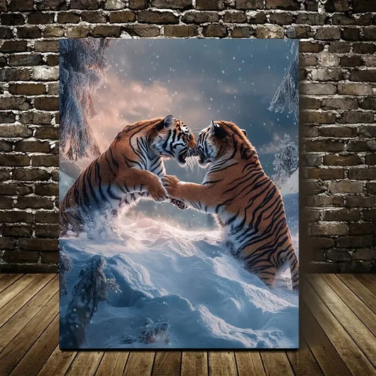 Dreamlike Tiger Wrestling Scene on Snowy Painting 40x60cm Metal Print Ready to Hang - Bella Home Decor