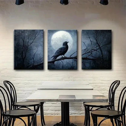 3pcs Mysterious Raven and Moon Night Perfect Wall Art Set Canvas Unframed - High Quality Print 100% Australian Made Wall Canvas