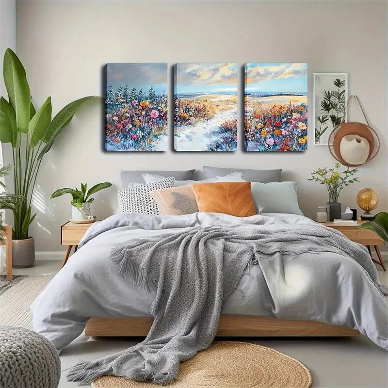 3pcs Vibrant Flowers In The Snow Décor Perfect Wall Art Set Canvas Framed 40x60cm - High Quality Print 100% Australian Made Wall Canvas Ready to Hang - Bella Home Decor