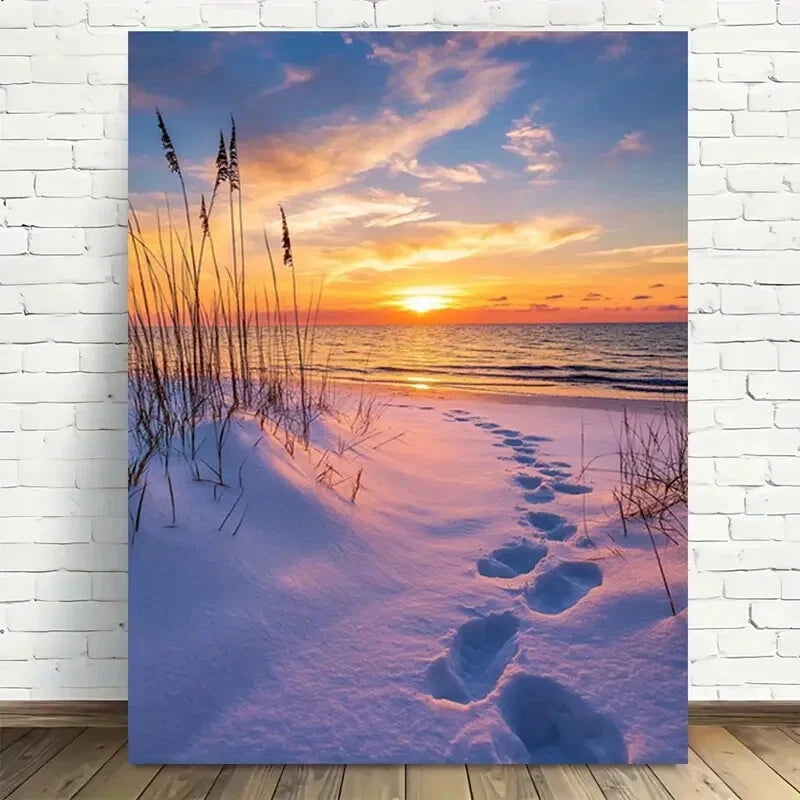 Beautiful Beach Sunset Footprints In Snow Painting 40x60cm Metal Print Ready to Hang - Bella Home Decor