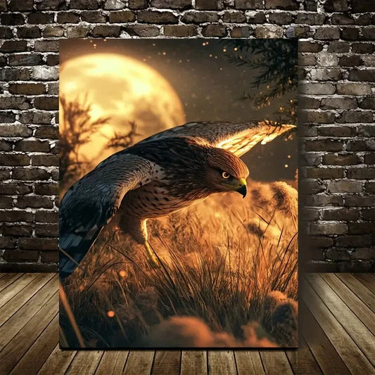 Fantasy Hawk in Flight at Moonlit Savannah Painting 40x60cm Metal Print Ready to Hang - Bella Home Decor