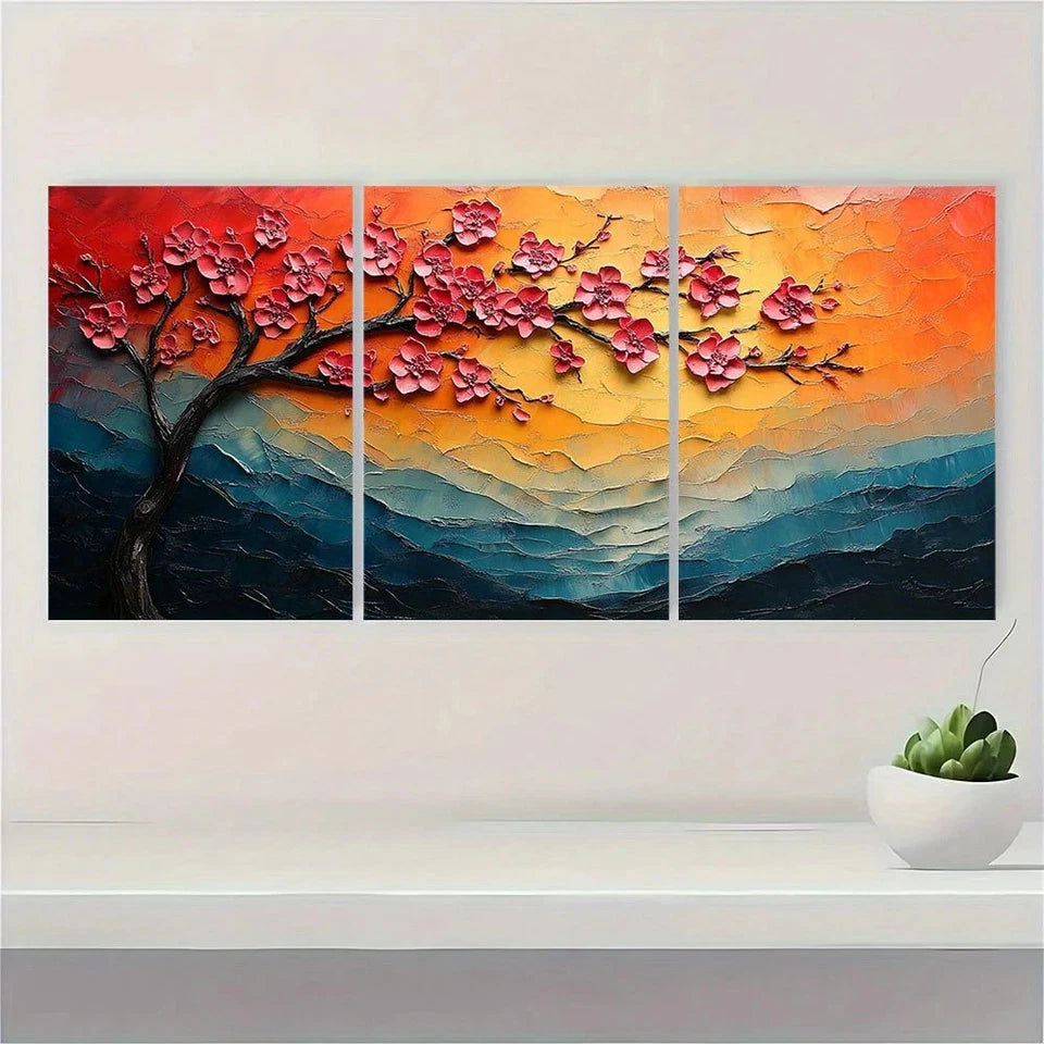 3pcs Textured Cherry Blossom Sunset Wall Art Set Canvas Framed 60x90cm - High Quality Print 100% Australian Made Wall Canvas Ready to Hang - Bella Home Decor