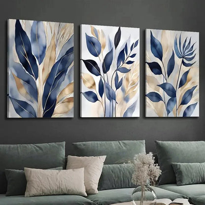 3pcs Blue Botanical  Blue Leaf Prints   Wall Art Set Canvas Framed 40x60cm - High Quality Print 100% Australian Made Wall Canvas Ready to Hang - Bella Home Decor