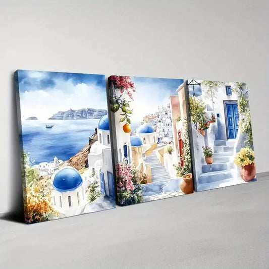 3pcs Beautiful Santorini with Floral & Lake View Art Set Canvas Framed 50x70cm - High Quality Print 100% Australian Made Wall Canvas Ready to Hang