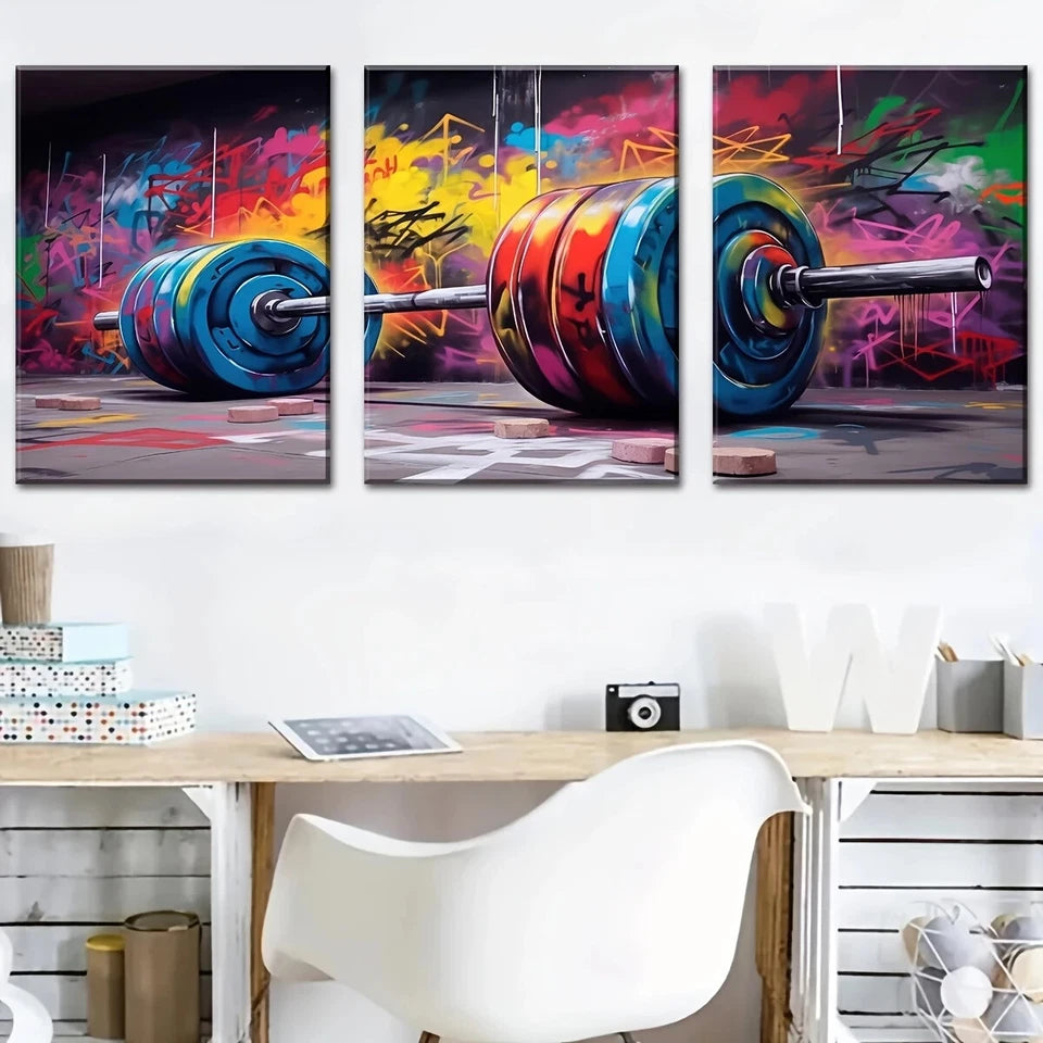 3pcs Gym Graffiti Art Weight Lifting Barbell Metal Print Ready to Hang Art