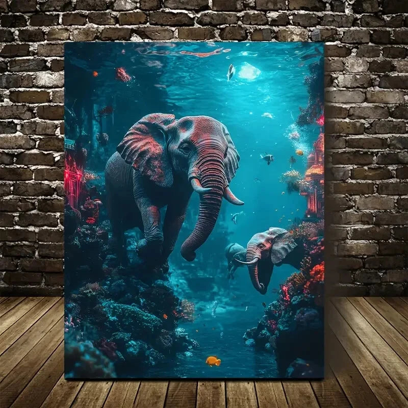 Cyberpunk Elephant Underwater Scene Painting 40x60cm Metal Print Ready to Hang - Bella Home Decor