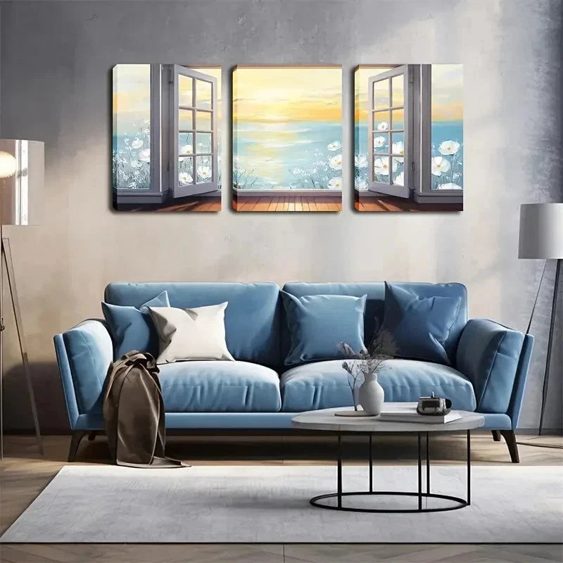 3pcs  Sea, Blooming Flowers & Calming wall Art Set Canvas Framed 50x70cm - High Quality Print 100% Australian Made Wall Canvas Ready to Hang - Bella Home Decor
