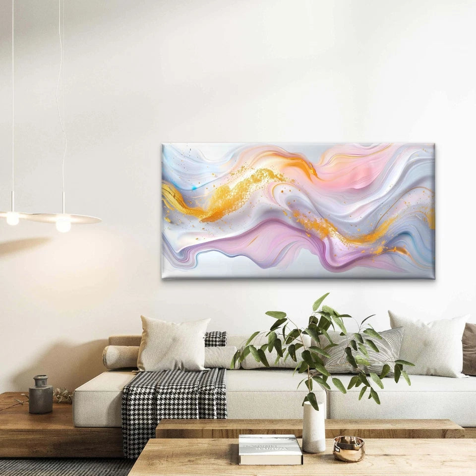 White And Gold Swirling Abstrac Wall Art Canvas Office Home Room Framed 120x60cm - Bella Home Decor