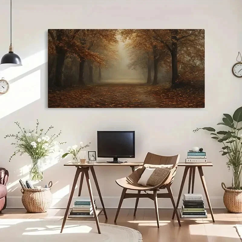 Misty Sunlit Trees & Falling Wall Art Canvas Office Home Room Framed 120x60cm - Bella Home Decor