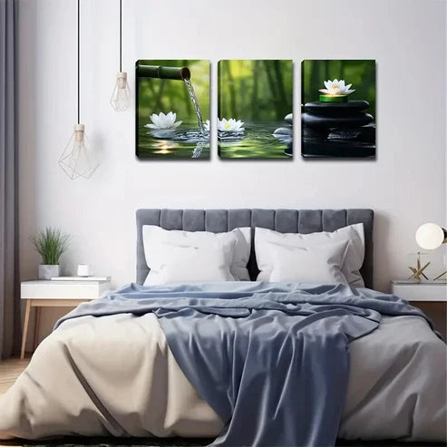 3pcs Serene Bamboo Forest with for Lotus Flowers Wall Art Set Canvas Unframed - High Quality Print 100% Australian Made Wall Canvas