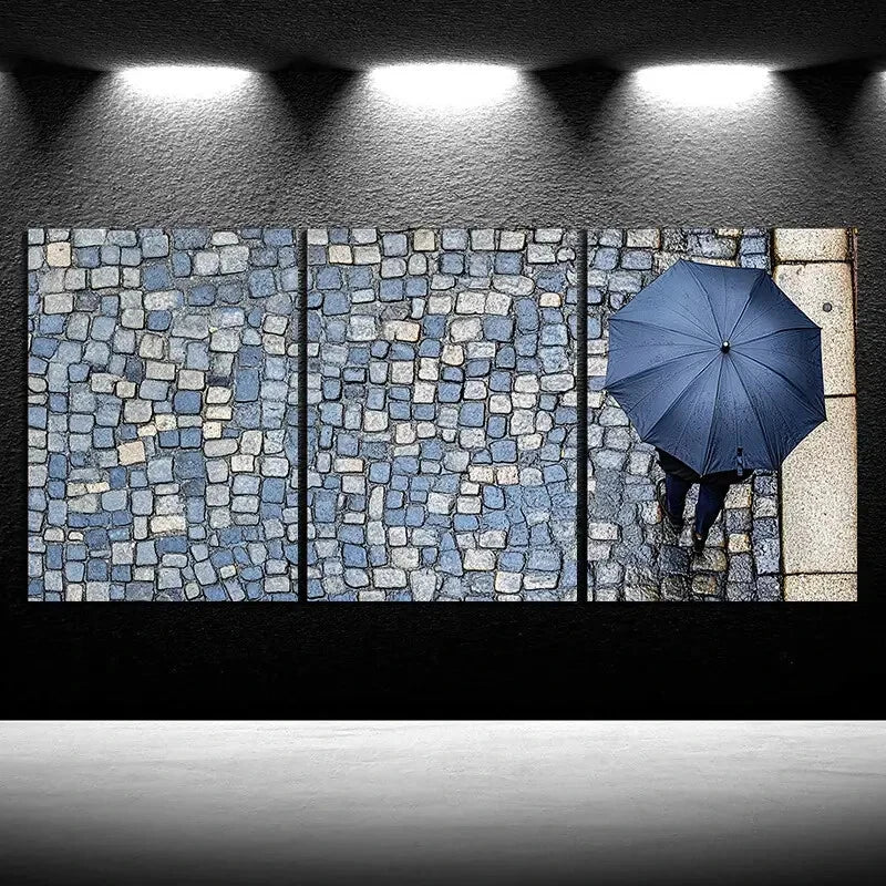 3pcs People Holding Blue Umbrellas Rainy Streets Metal Print Ready to Hang Art - Bella Home Decor