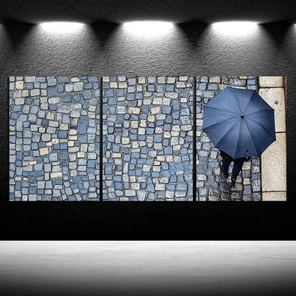 3pcs People Holding Blue Umbrellas Rainy Streets Metal Print Ready to Hang Art - Bella Home Decor