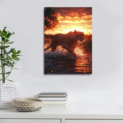 Cheetah Splashing in Water Under Glowing Painting 40x60cm Metal Print Ready to Hang - Bella Home Decor