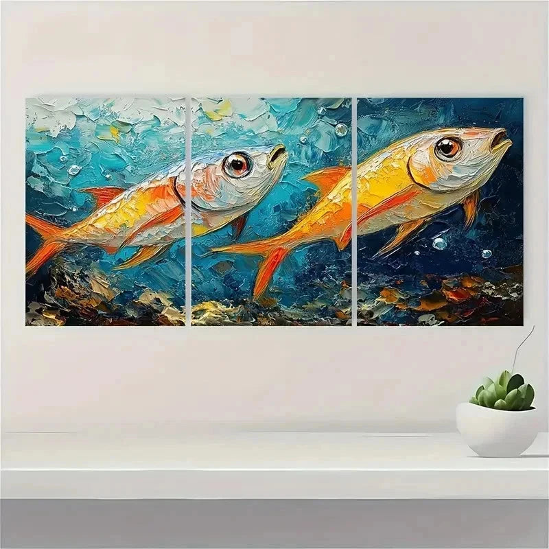 3pcs Sardines Painting Fish Underwater G   Wall Art Set Canvas Framed 60x90cm - High Quality Print 100% Australian Made Wall Canvas Ready to Hang