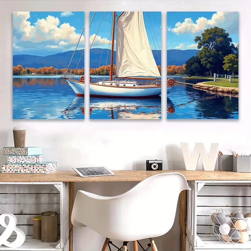 3pcs Serene Sailboat on Tranquil Waters Wall Art Set Canvas Framed 50x70cm - High Quality Print 100% Australian Made Wall Canvas Ready to Hang