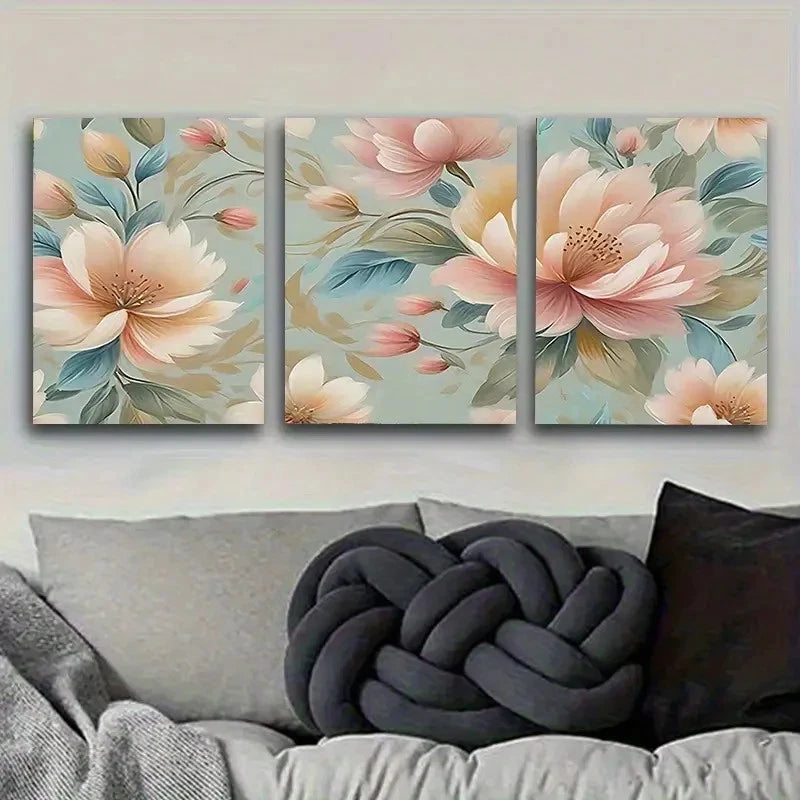 3pcs Pastel Floral Pattern Art Print Wall Art Set Canvas Framed 60x90cm - High Quality Print 100% Australian Made Wall Canvas Ready to Hang