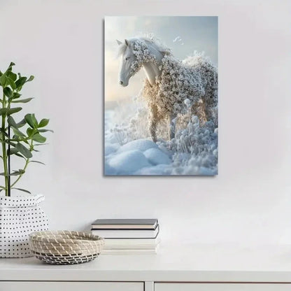 Contemporary Floral Horse Snow Scene Painting 40x60cm Metal Print Ready to Hang - Bella Home Decor