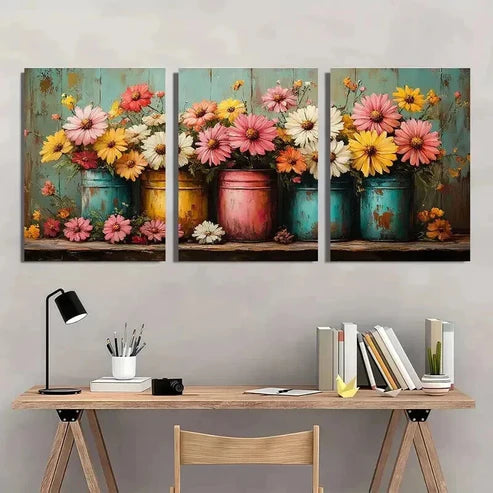 3pcs Yellow Pink & White Flowers in Metal Cans Wall Art Canvas Unframed - High Quality Print 100% Australian Made Wall Canvas