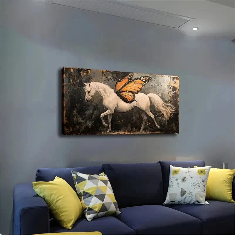 A White Horse with A Butterfly Wall Art Canvas Office Home Room Framed 120x60cm - Bella Home Decor