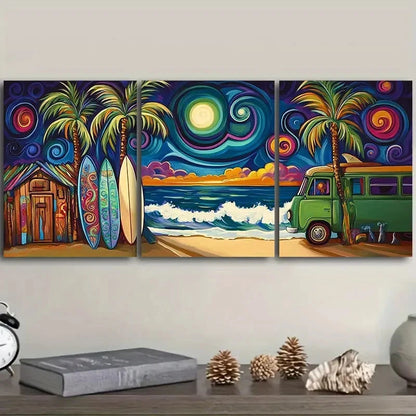 3pcs Colorful Kombi Van Parked At The Beach   Wall Art Set Canvas Framed 40x60cm - High Quality Print 100% Australian Made Wall Canvas Ready to Hang - Bella Home Decor