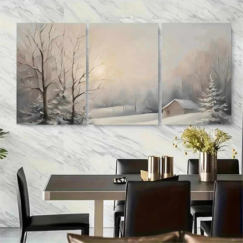 3pcs Snowy Forest and Cabin Scene Metal Print Ready to Hang Art