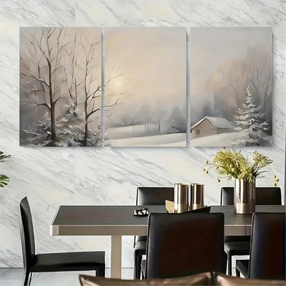 3pcs Snowy Forest and Cabin Scene Metal Print Ready to Hang Art