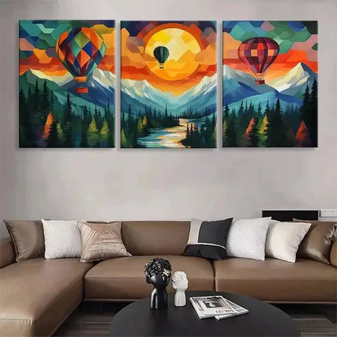 3pcs Hot Air Balloon Sunset Landscape Perfect Wall Art Canvas Unframed - High Quality Print 100% Australian Made Wall Canvas - Bella Home Decor
